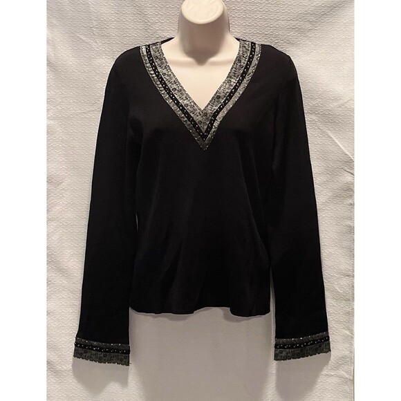 VTG Willi Smith Beaded 80s Bling V Neck Sweater Womens M Black Silver Sparkle - Picture 1 of 6